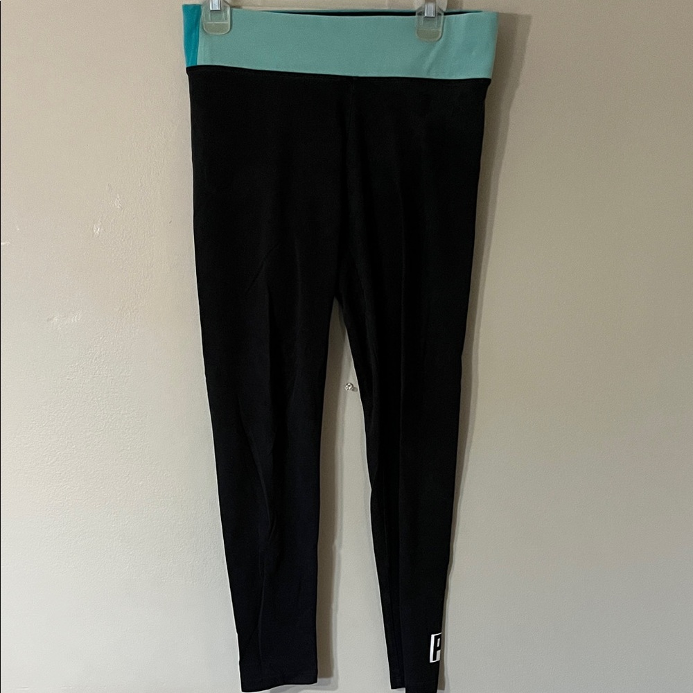 PINK Victoria's Secret Black Leggings with Aqua Waistband